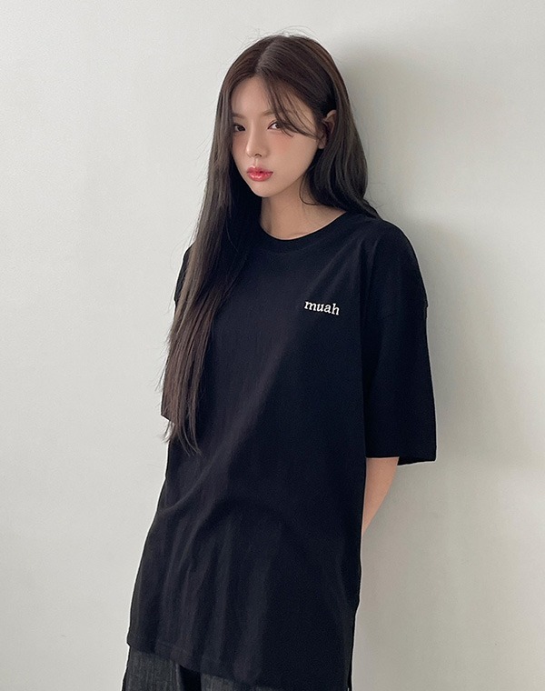 muahmuah - 스티치로고 하프 슬리브 티셔츠♡韓國女裝上衣